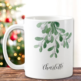 Caneca De Café Nome Personalizado Mistletoe Greenery