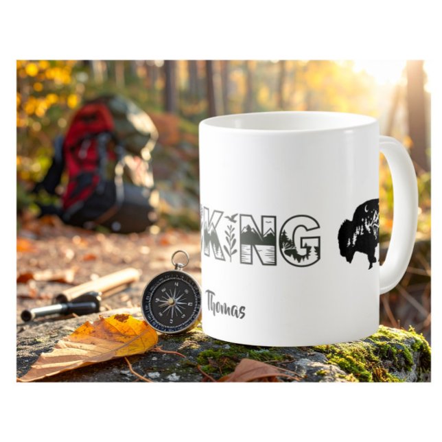 Caneca De Café Nome Personalizado Mochileiro Natureza Búfalo P&B (Criador carregado)