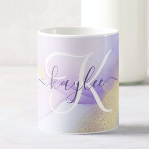 Caneca De Café Nome Personalizado Monograma Cor de Água Púrpura