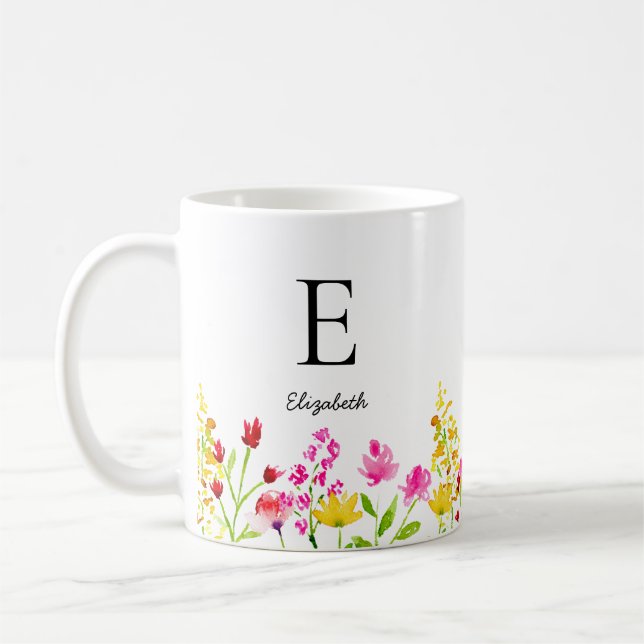 Caneca De Café Nome Personalizado Monograma Flores Selvagens Aqua (Esquerda)