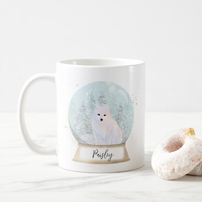 Caneca De Café Nome Personalizado Natal da Raposa Ártica (Com Donut)