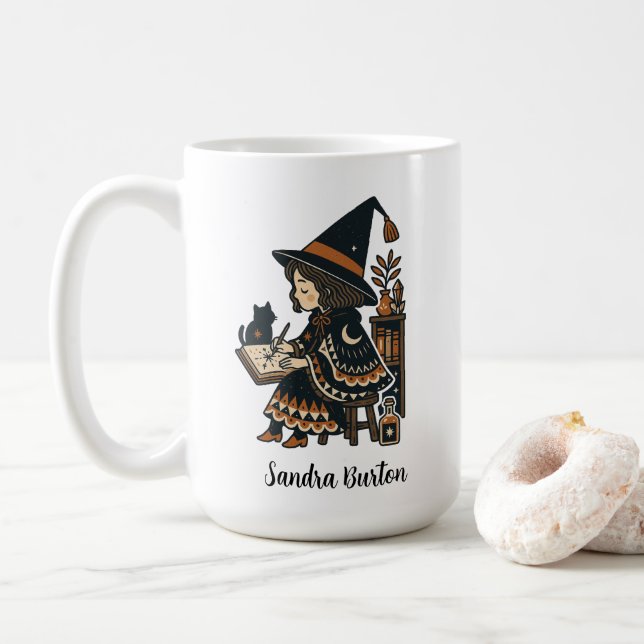 Caneca De Café Nome Personalizado ou Texto com Bruxa Estudando (Com Donut)