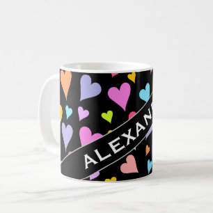 Caneca De Café Nome Personalizado + Padrão de Coração Colorida, A