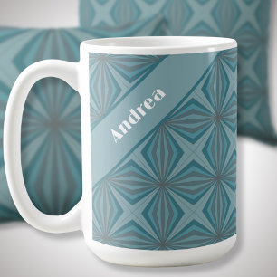 Caneca De Café Nome personalizado Padrão de Teal Retroativo