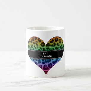 Caneca De Café Nome personalizado padrão leopardo arco-íris