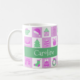 Caneca De Café Nome Personalizado Padrão Natal Rosa Caprichoso