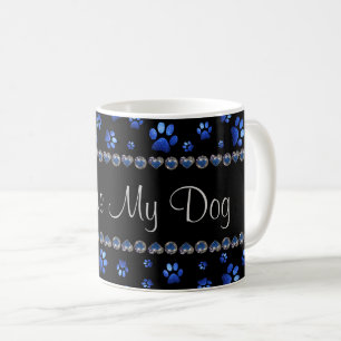Caneca De Café Nome personalizado, patas de cachorro brilho azul