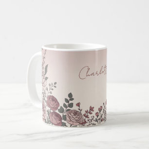 Caneca De Café Nome Personalizado Peônia Botânica Aquarela