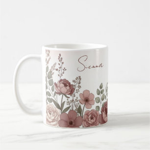Caneca De Café Nome Personalizado Peônia Botânica Aquarela