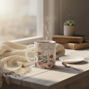 Caneca De Café Nome Personalizado Peônia Botânica Aquarela para E