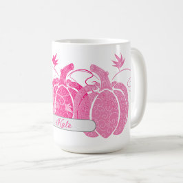 Caneca De Café Nome Personalizado Pink & White Fall Pumpkins