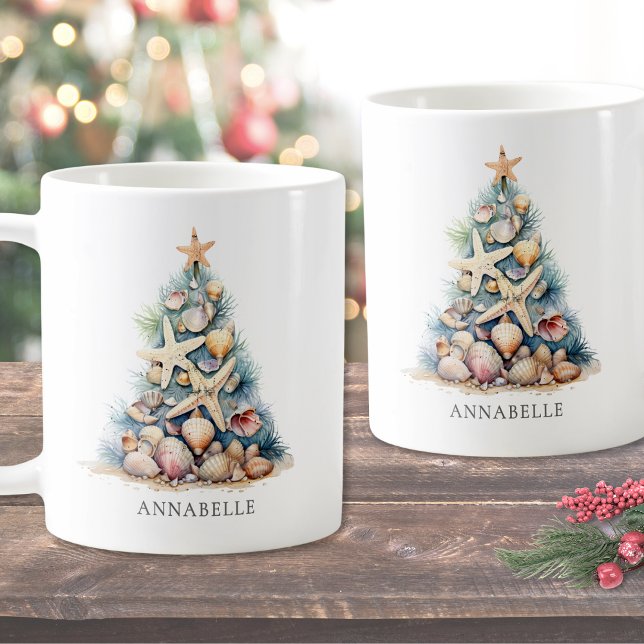 Caneca De Café Nome Personalizado Praia da Árvore de Natal (Personalized Name Christmas Tree Beach Coffee Mug)