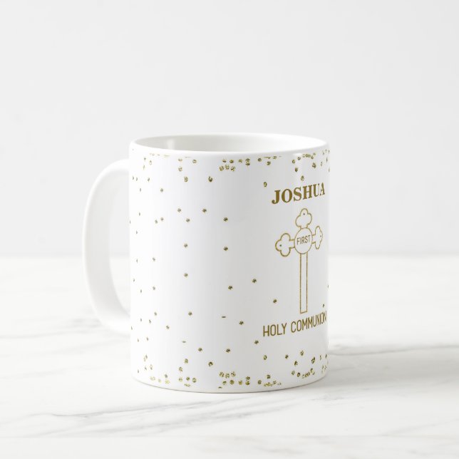 Caneca De Café Nome Personalizado Primeira Comunhão Cruz com Apar (Frente Esquerda)