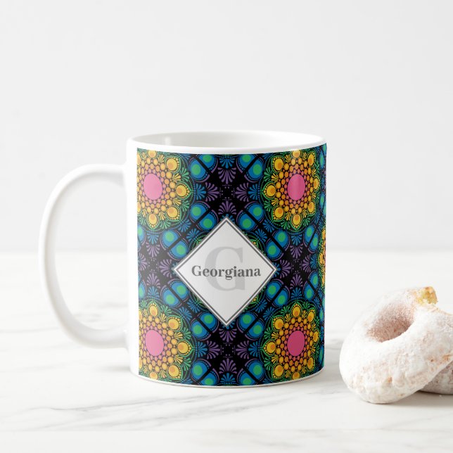 Caneca De Café Nome Personalizado Rainbow Floral Fountain Azulejo (Com Donut)