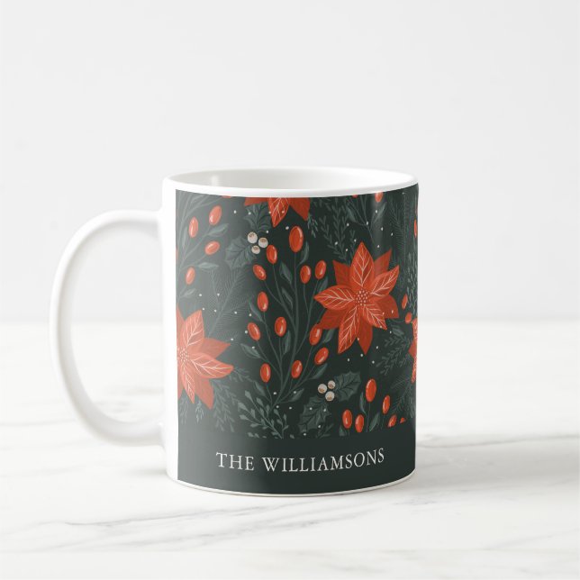 Caneca De Café Nome personalizado Red Green Berries Poinsettia (Esquerda)