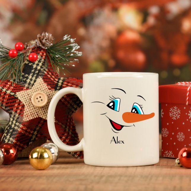 Caneca De Café Nome Personalizado Rosto de Snowman de Natal (Criador carregado)