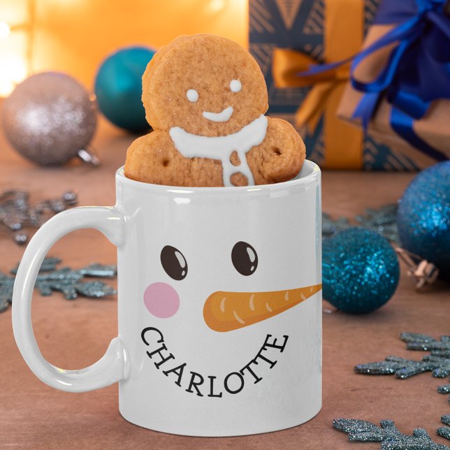 Caneca De Café Nome Personalizado Snowman Face Holiday Chocolate  (Criador carregado)