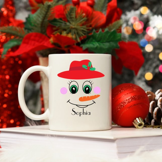 Caneca De Café Nome Personalizado Snowman Red Hat (Criador carregado)