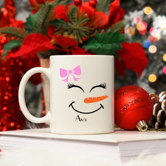 Caneca De Café Nome Personalizado Snowman Snowgirl Arco Rosa (Criador carregado)