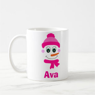 Caneca De Café Nome personalizado Snowman Snowgirl Pink Hat and S