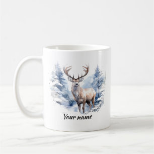 Caneca De Café Nome Personalizado Stag Deer Winter Snow Forest An