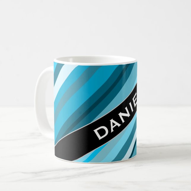 Caneca De Café Nome Personalizado; Stripes Azul/Teal/Aqua Inspira (Frente Esquerda)