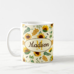 Caneca De Café Nome Personalizado Texto Mug Girassóis Abelhas de