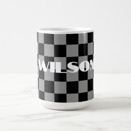 Caneca De Café nome personalizado xadrez cinza e preto