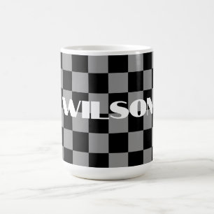Caneca De Café nome personalizado xadrez cinza e preto