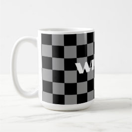 Caneca De Café nome personalizado xadrez cinza e preto