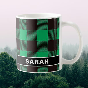 Caneca De Café Nome Personalizado Xadrez Verde e Preto Buffalo