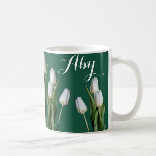 Caneca De Café Nome personalizável Aby White tulip Flores verdes (Direita)