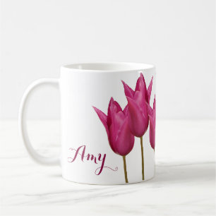Caneca De Café Nome personalizável Amy bonito rosa tulipas florai