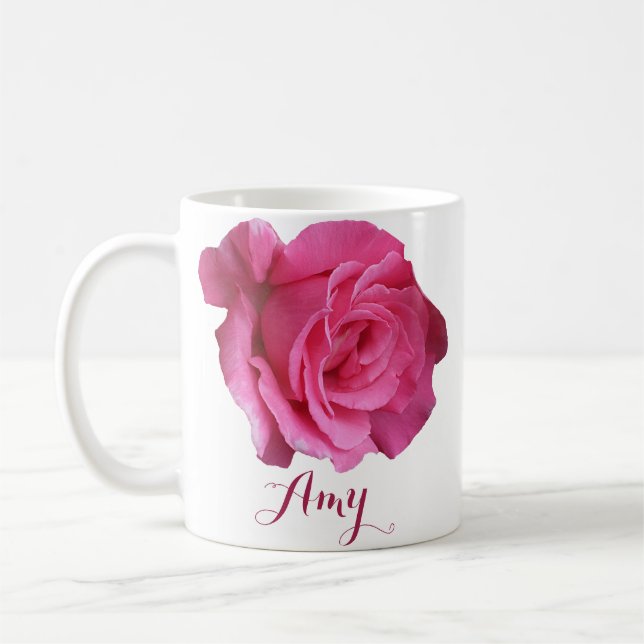 Caneca De Café Nome personalizável da Amy rosa rosa-rosa flores b (Esquerda)
