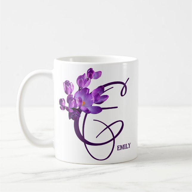 Caneca De Café Nome personalizável Emily bonito roxo floral boho (Esquerda)