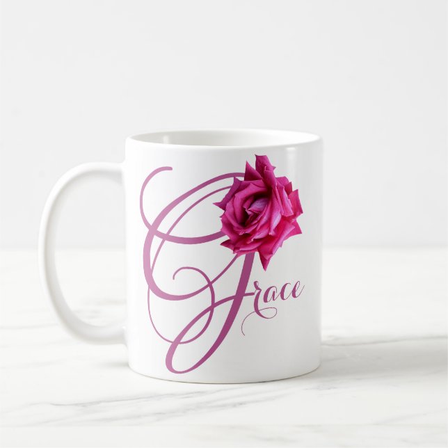Caneca De Café Nome personalizável Grace bonito rosa rosa floral (Esquerda)