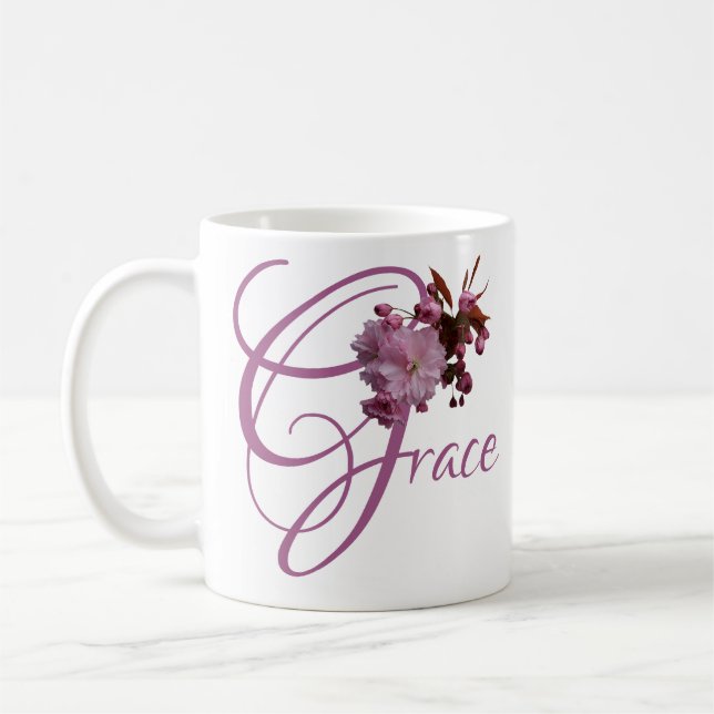 Caneca De Café Nome personalizável Grace rosa cereja florada (Esquerda)