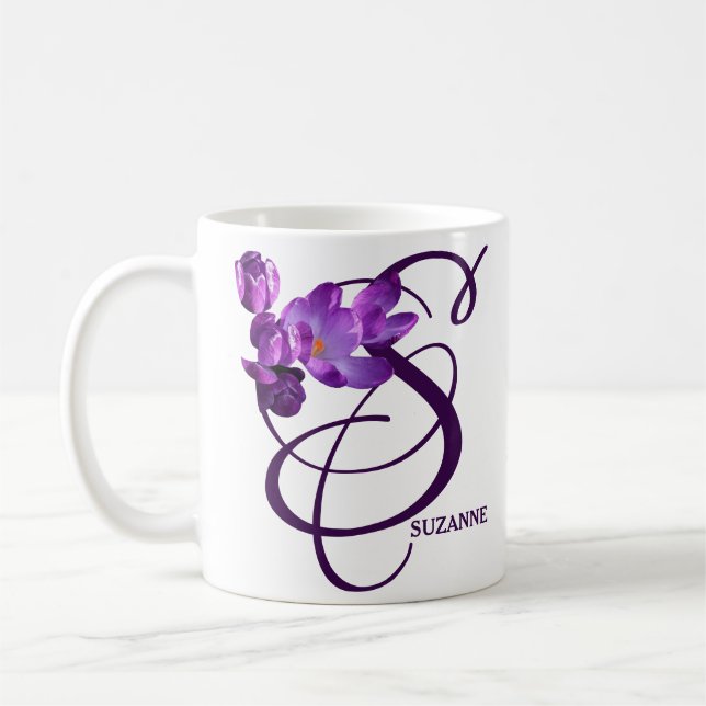 Caneca De Café Nome personalizável Suzanne: monograma roxo de flo (Esquerda)