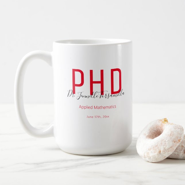 Caneca De Café Nome Preto Vermelho do formando PhD (Com Donut)