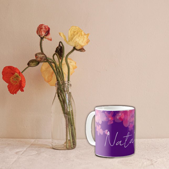 Caneca De Café Nome púrpura floral de aquarela (Criador carregado)