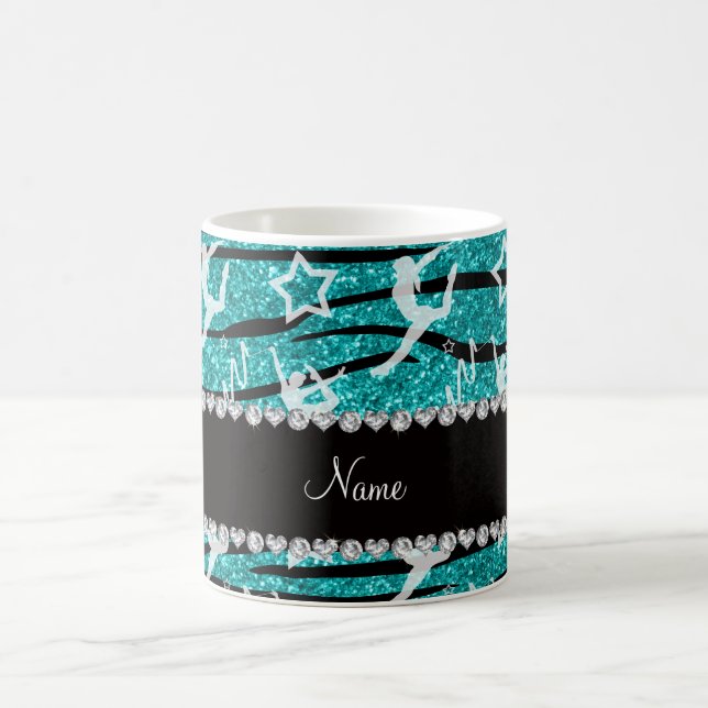 Caneca De Café Nome Turquoise gymnastics glitter zebra strips (Centro)