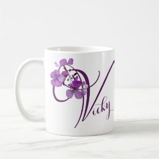 Caneca De Café Nome Vicky bonito, púrpura, cinza floral