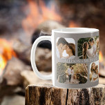 Caneca De Café Nomes de Casais de Fotografia de Borda Arredondada<br><div class="desc">Excelente para Dia de os namorados, casamentos, noivados ou comemorações cotidianas do amor com sua significativa outra, este design apresenta quatro fotos de ponta arredondada por lado (dois pequenos quadrados e dois retângulos) e os nomes dos casais no centro das quatro fotos repetidas em ambos os lados. Fundo verde com...</div>