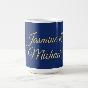 Caneca De Café Nomes de Casal Caligrafia Chic Adorável Azul e Dou