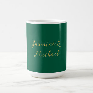 Caneca De Café Nomes de Casal de Caligrafia Clássica Verde e Dour