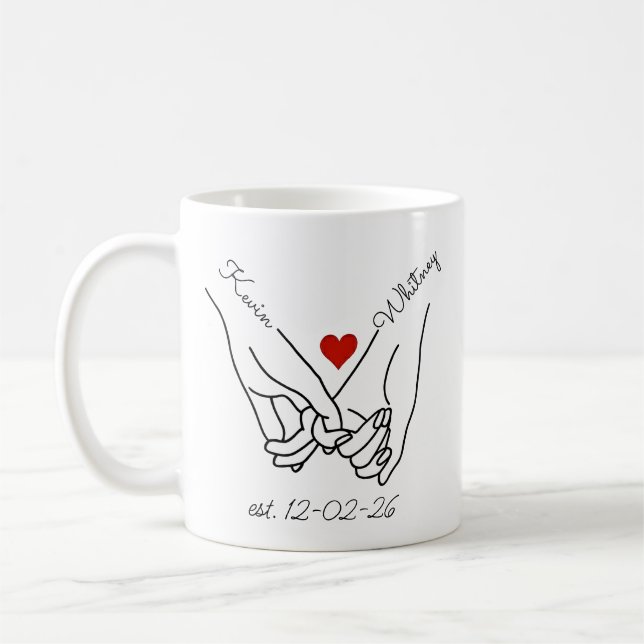 Caneca De Café Nomes de casal de mãos dadas personalizados e data (Esquerda)