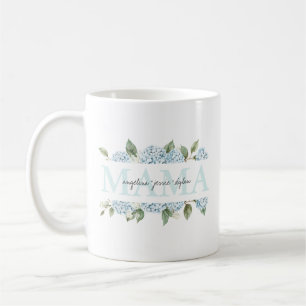 Caneca De Café Nomes de Crianças Hidrangeas Azuis em Aquarela Mam