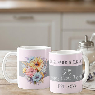 Caneca De Café nomes de flores de aniversário de prata do 25º ros