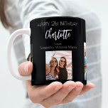 Caneca De Café Nomes negros de fotos do amigo de aniversário<br><div class="desc">Um presente de amigos para a aniversário de 21 anos de uma mulher, celebrando sua vida com 3 fotos suas, de seus amigos, família, interesses ou animais de estimação. Personalize e adicione seu nome, 21 anos e seus nomes. Letras brancas coloridas. Um clássico fundo negro. Seu nome é escrito com...</div>