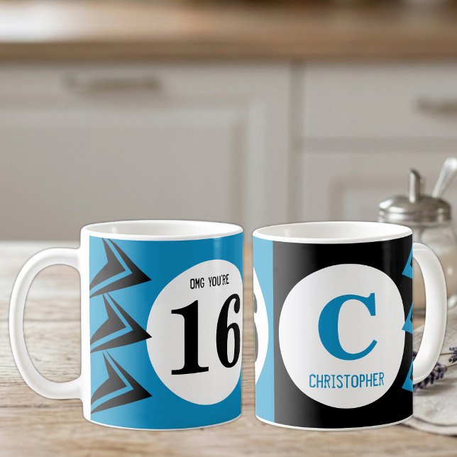 Caneca De Café Nossa você tem 16 monograma nome azul e preto (Criador carregado)